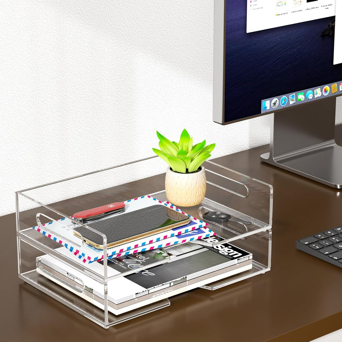 HIIMIEI Acrylic Paper Tray 2 Pack Clear Letter Tray Desk Stackable Organizer ...