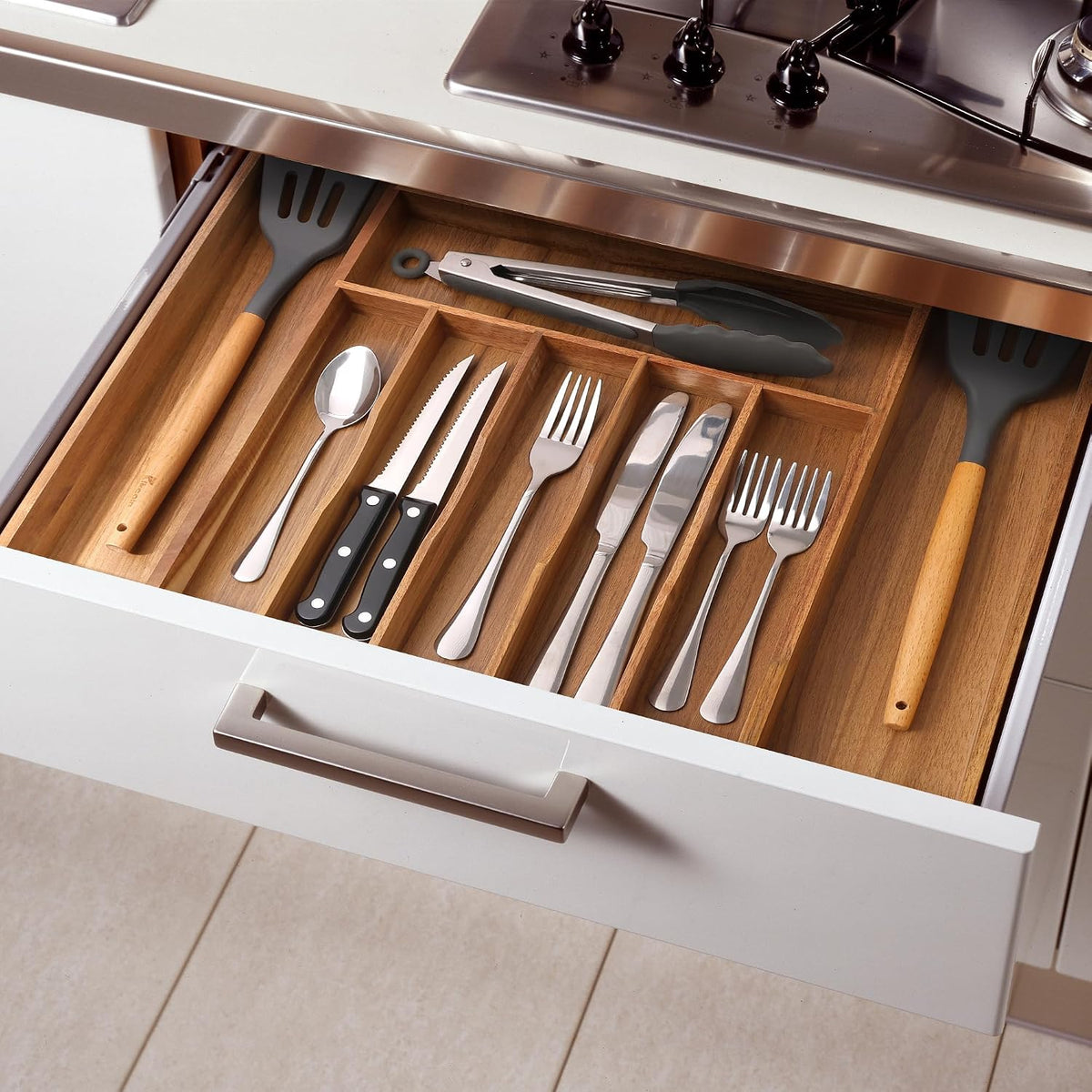 Large Premium Acacia Silverware Organizer - Expandable Drawer Organizer &...