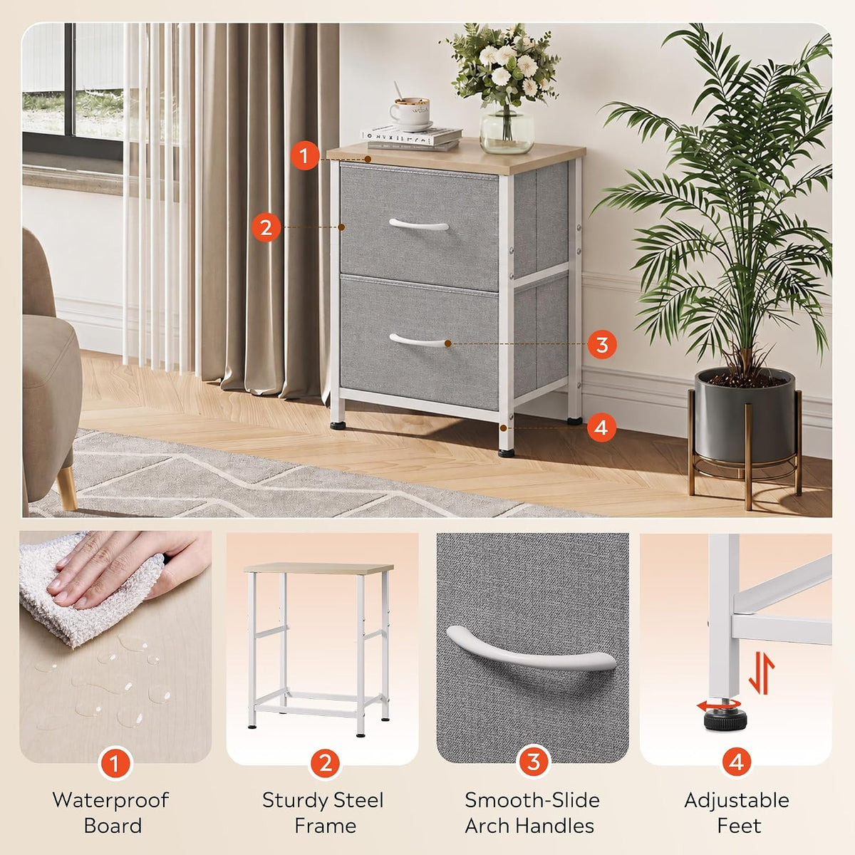 WLIVE Night Stand, Gray Nightstand with 2 Fabric Drawers, Small Dresser for B...