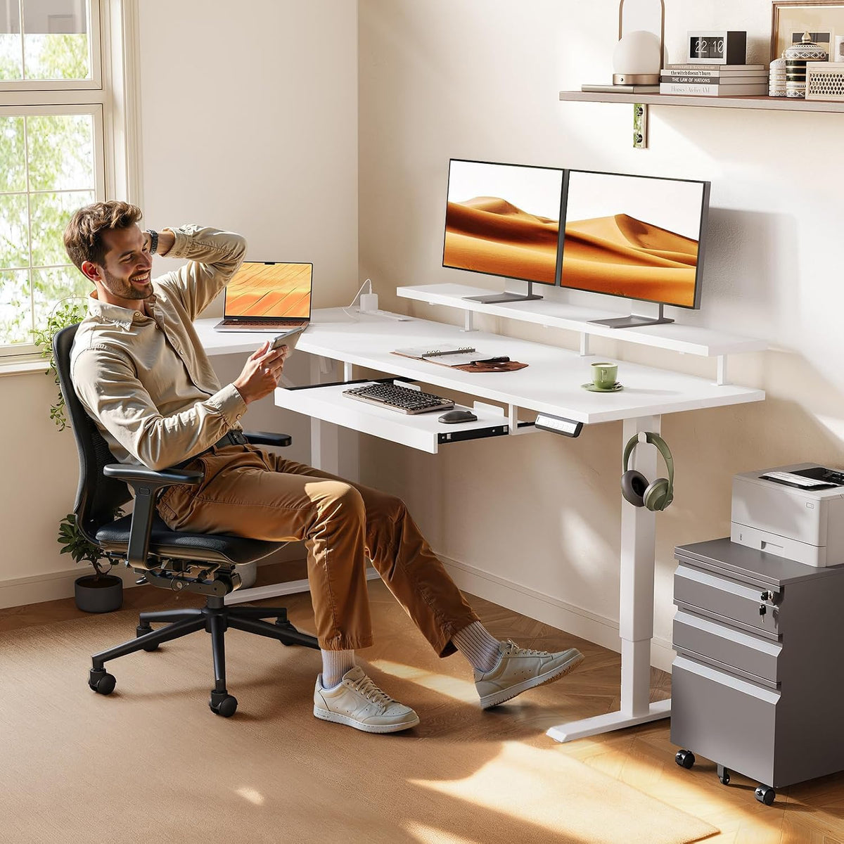 OffiGo 63 Inch Reversible L Shaped Electric Standing Desk, White