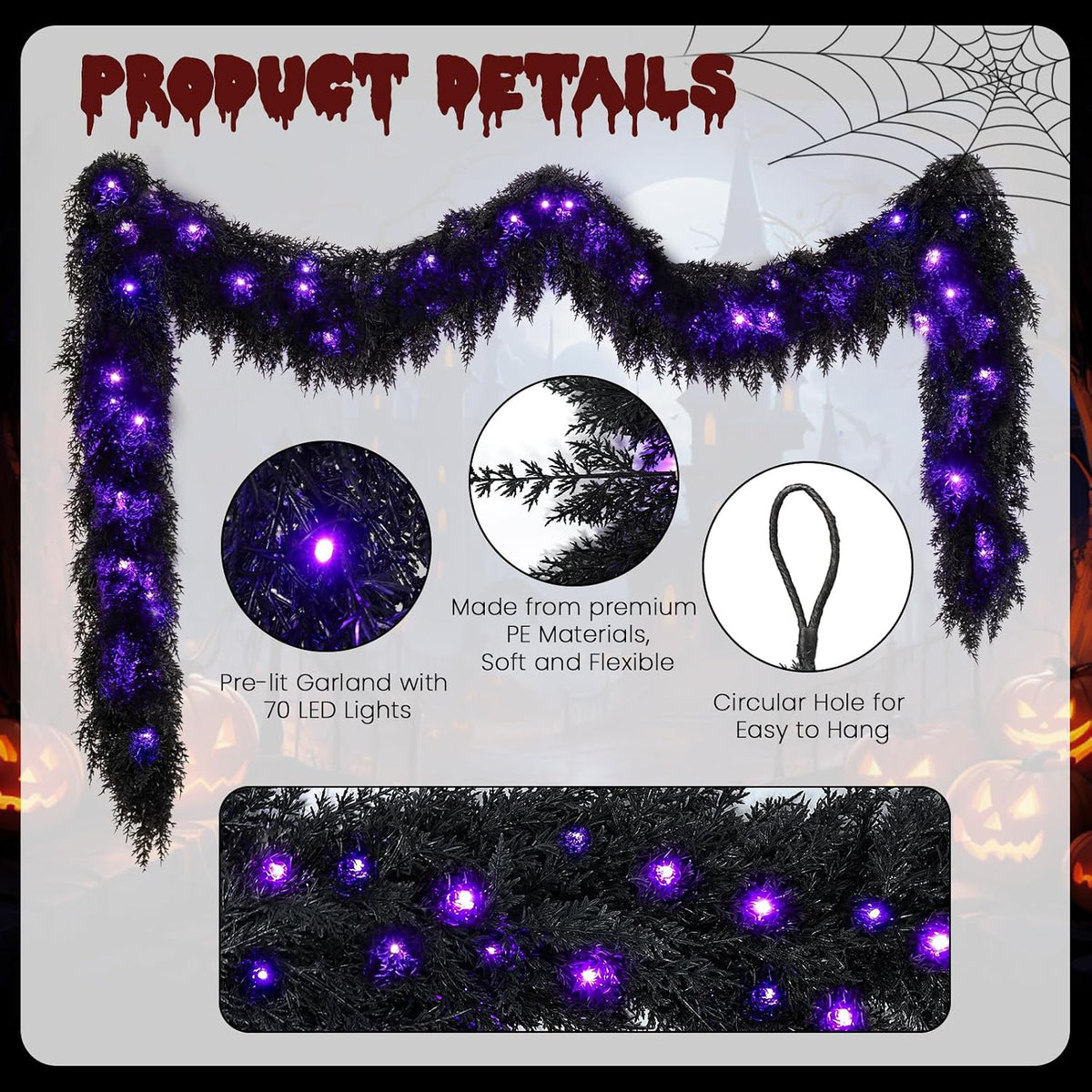 9FT Black Halloween Garland with Lights Realistic Prelit Christmas Garland