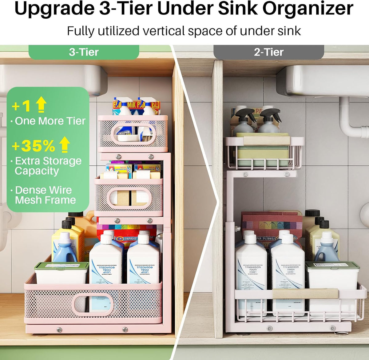 Kitstorack Under Sink Organizer, 2-Pack 3-Tier Height Adjustable Thickened Me...