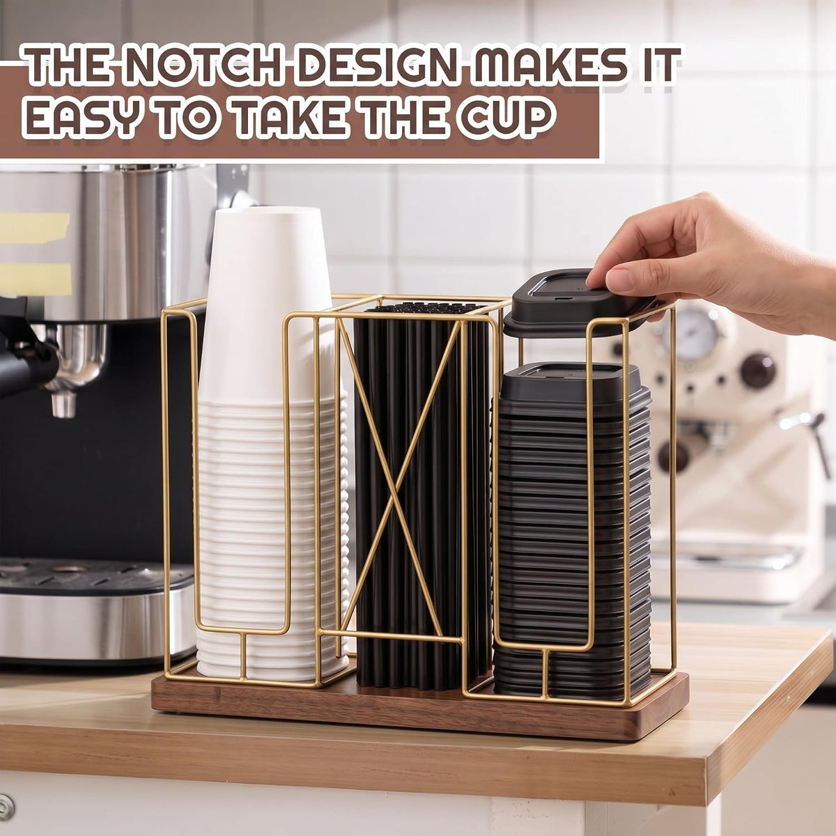 Geelin 18oz Adjustable Coffee Cup Dispenser with Wooden Base, Cup and Lid Hol...