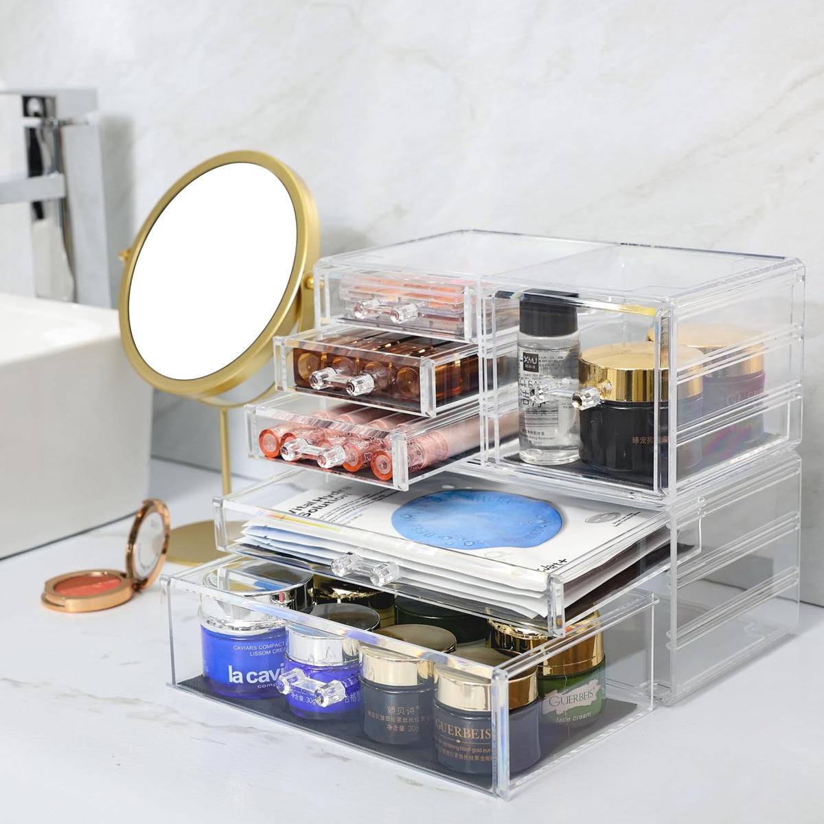 Cq acrylic 2 Pack Clear Desk Organizer With Drawers,Stackable 6 Drawers Skinc...