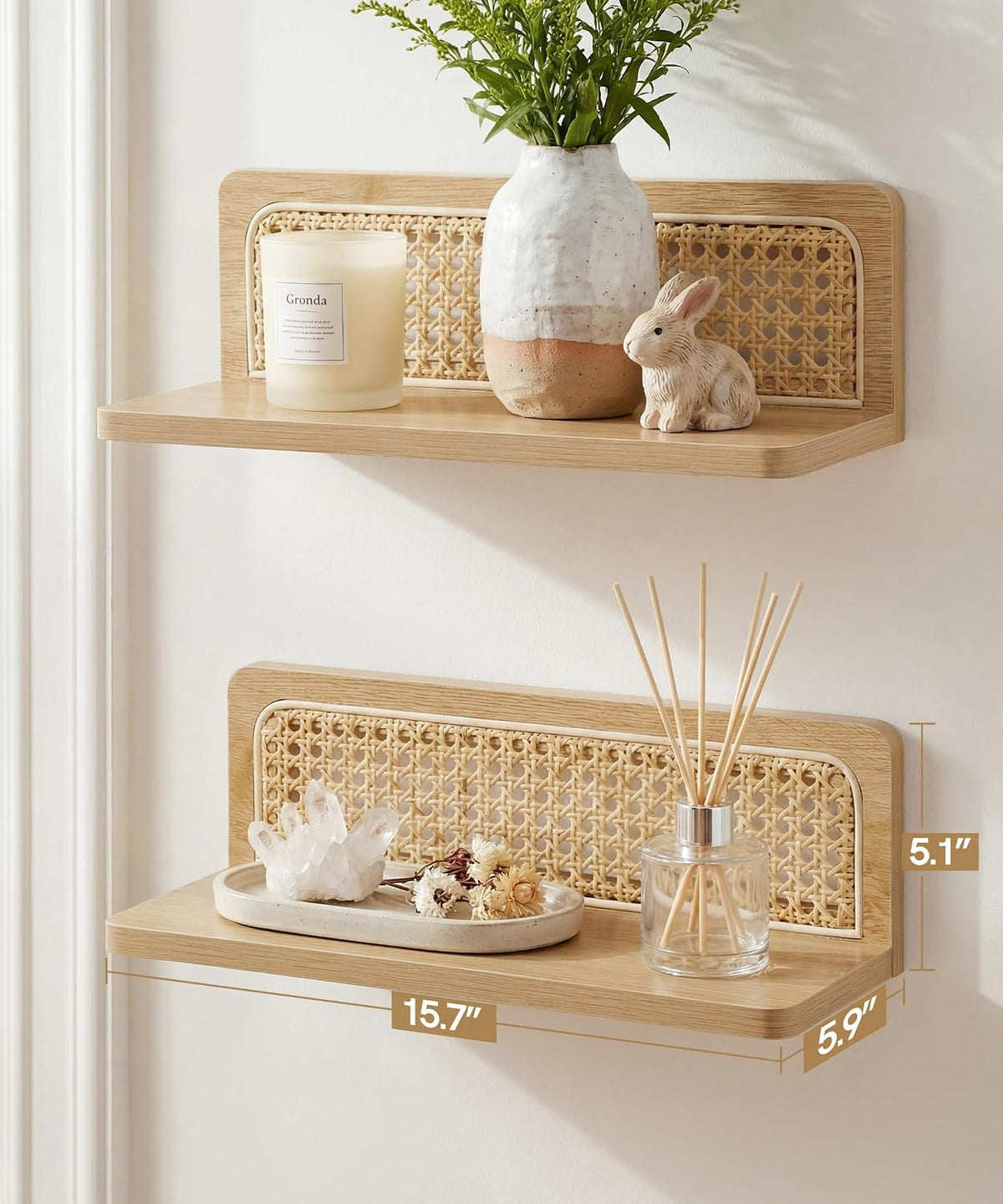 Rattan Wall Shelf, Boho Wood Floating Shelves, 16 Inch