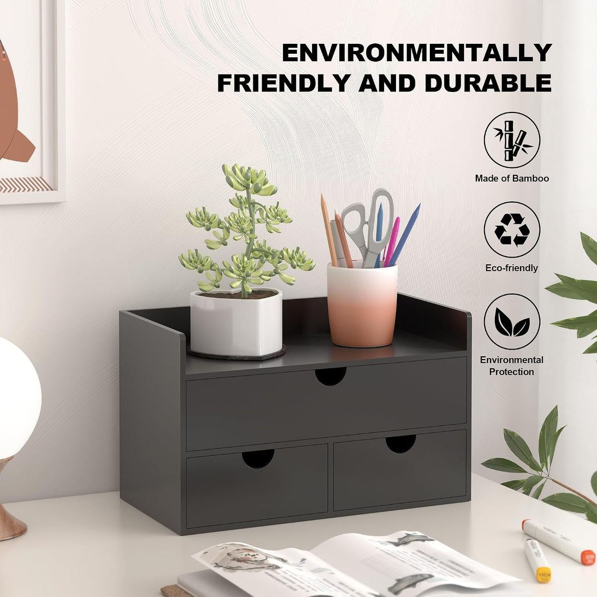 Bamboo Desk Organizer with Drawers Desktop Storage Drawers for Bills Office S...