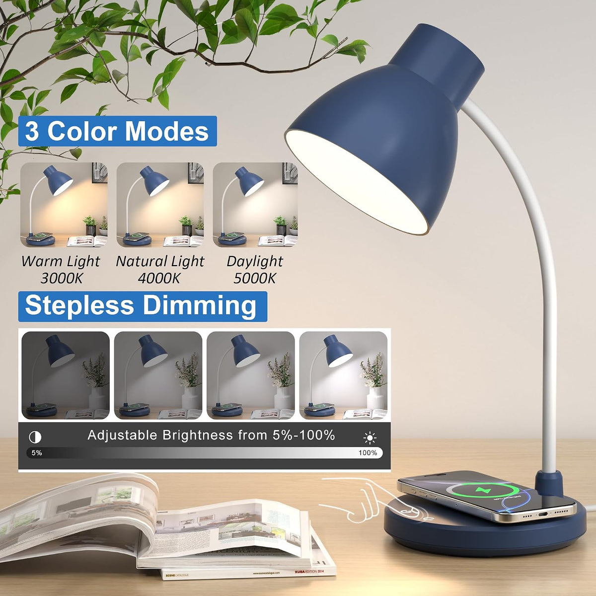 LED Desk Lamp for Home Office with Wireless Charger, Navy Blue