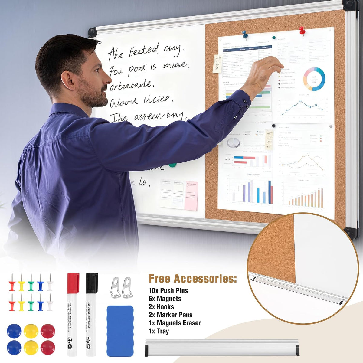 White Board and Cork Board Combo 24" x 18" Aluminum Frame