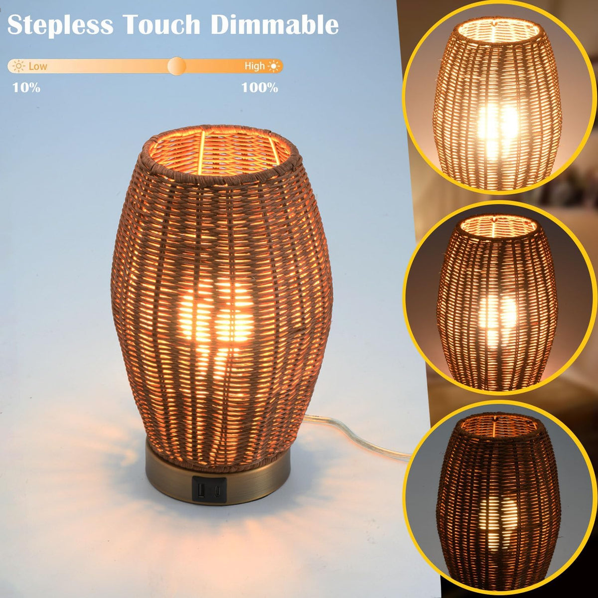 Boho Style Rattan Table Lamp,Dimmable Bamboo Desk Lamp,Touch & USB Charge...