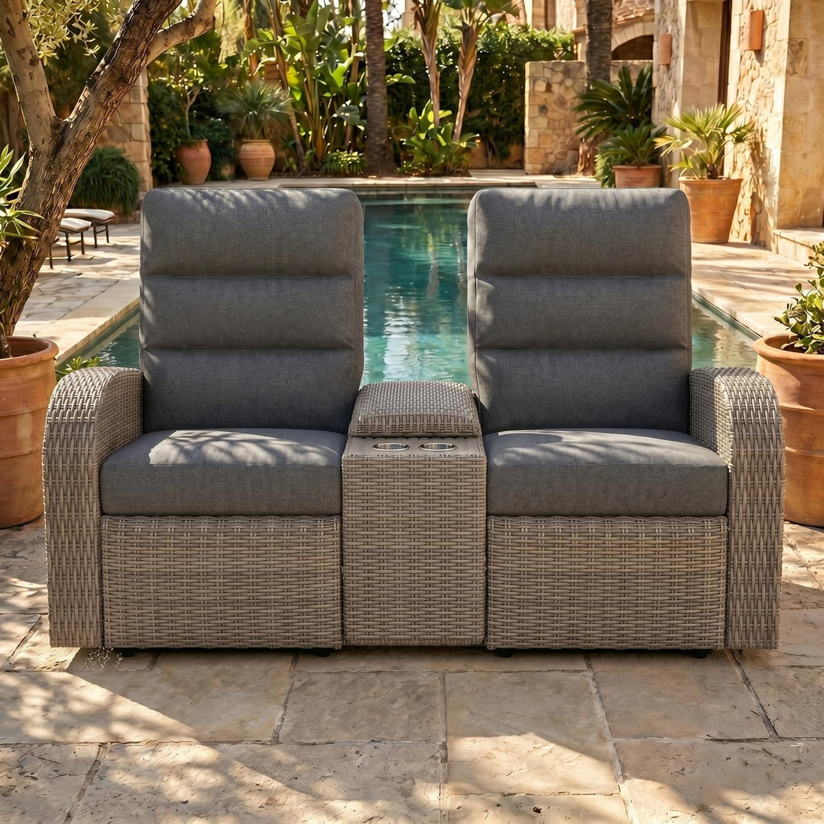 LayinSun Oversized Wicker Outdoor Recliner Lovseat with Adjustable Backrest &...