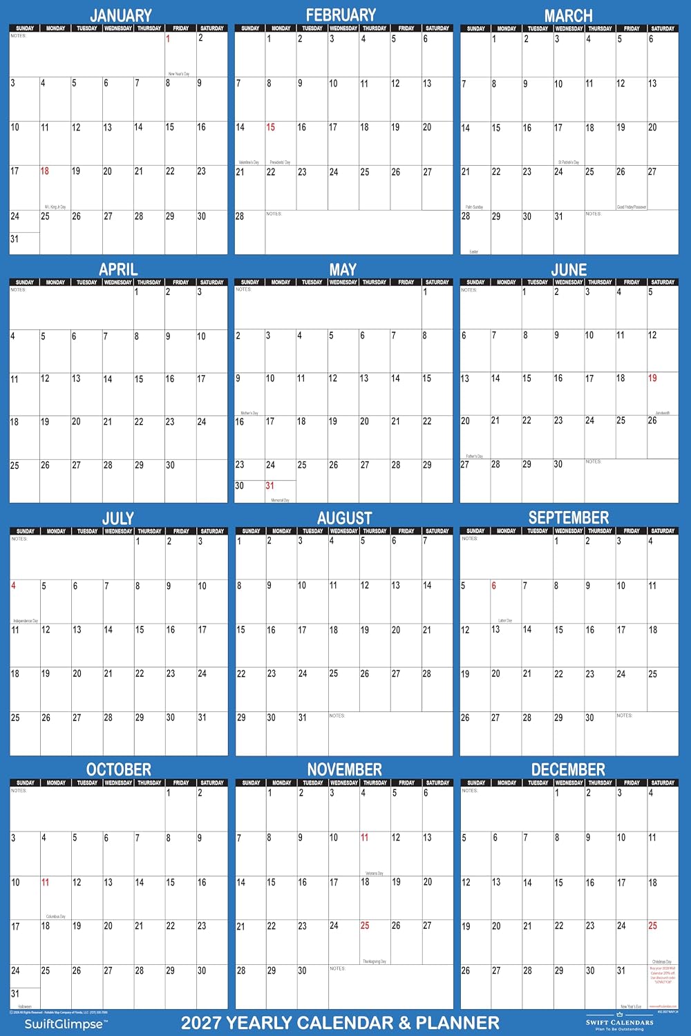 24" x 36" SwiftGlimpse 2027 Wall Calendar Erasable Large Wet & ...