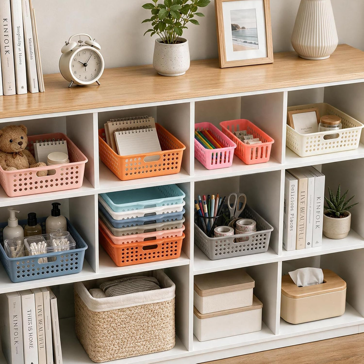 16-Piece Macaron Classroom Storage Set: 6 Paper Bins & 10 Pencil Trays