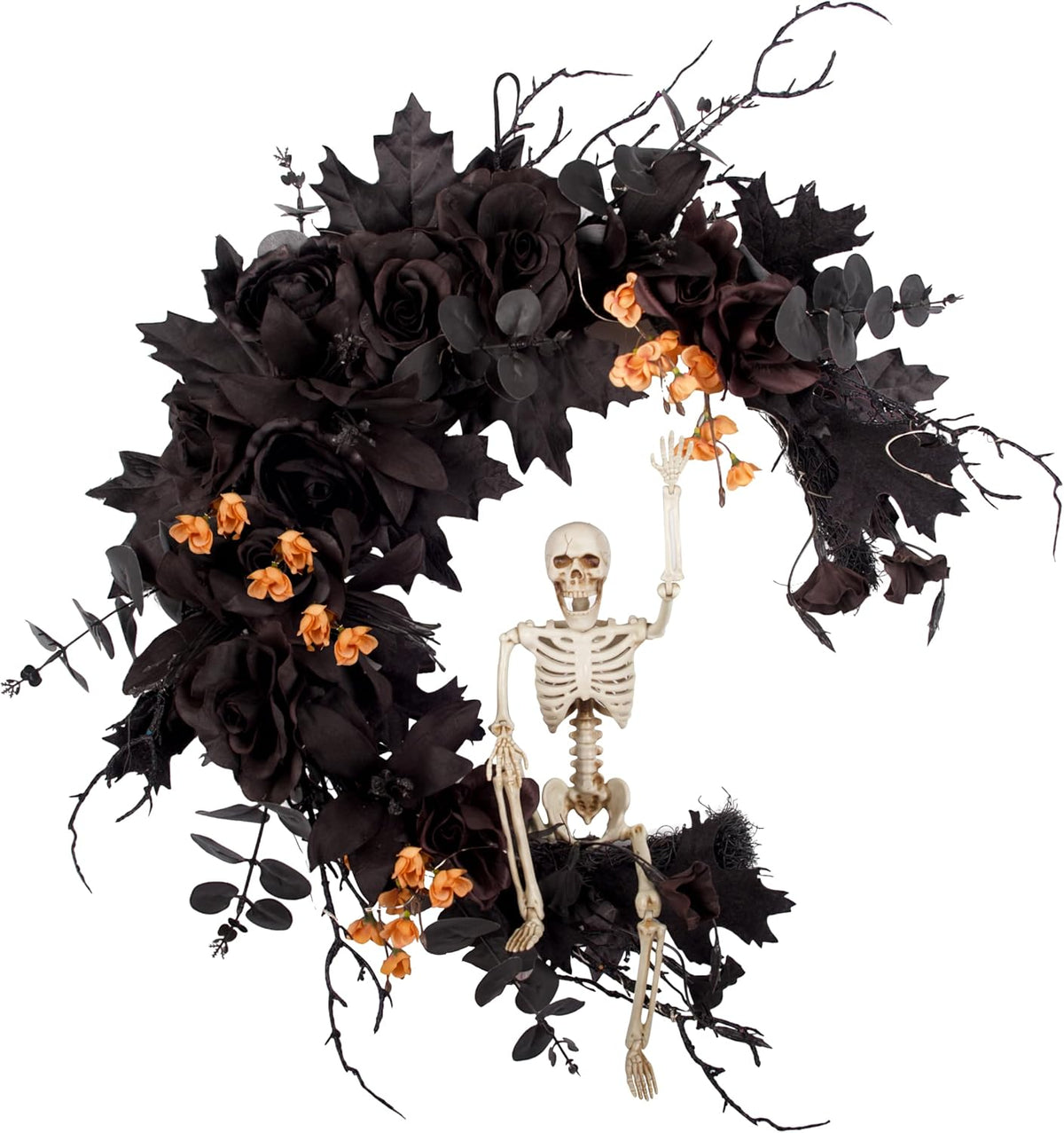 20" Pre-lit Halloween Black Moon Wreath with Poseable Skeleton, Handmade...
