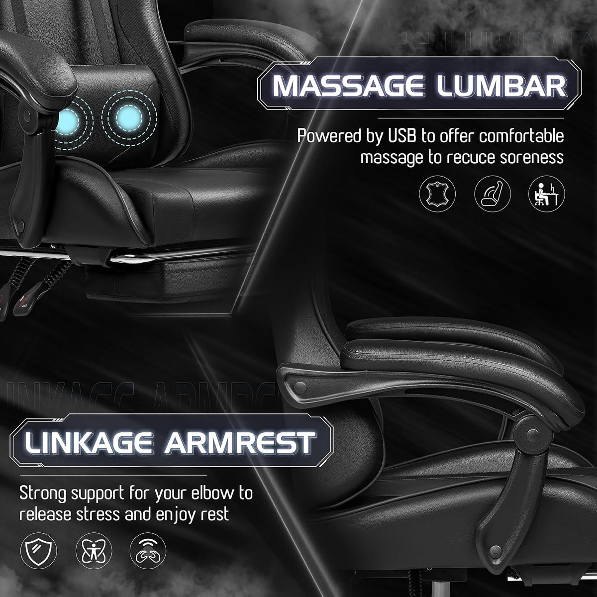 Homall Gaming Chair, Ergonomic, Footrest & Massage Lumbar Support, Black