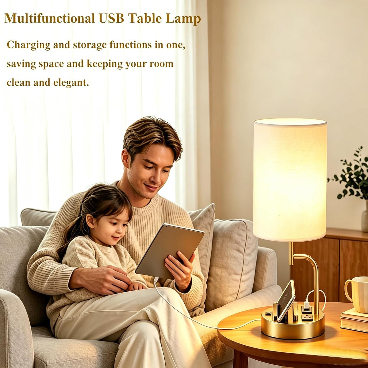 Dreamholder 2 Pack Table Lamp, Bedside Lamp with 3 USB Charging Ports & A...