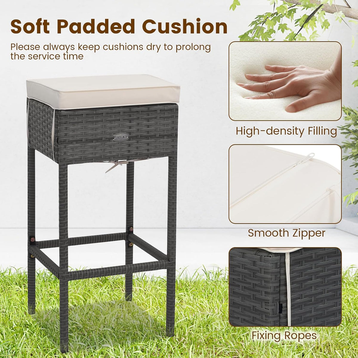 Tangkula 5 Piece Rattan Bar Table and Chairs Set Wirth 4 Cushioned Stools