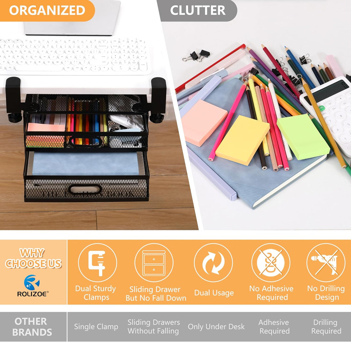 Sliding Under Desk Drawer Organizer No Drilling 2 Drawers Slide Out Desktop O...