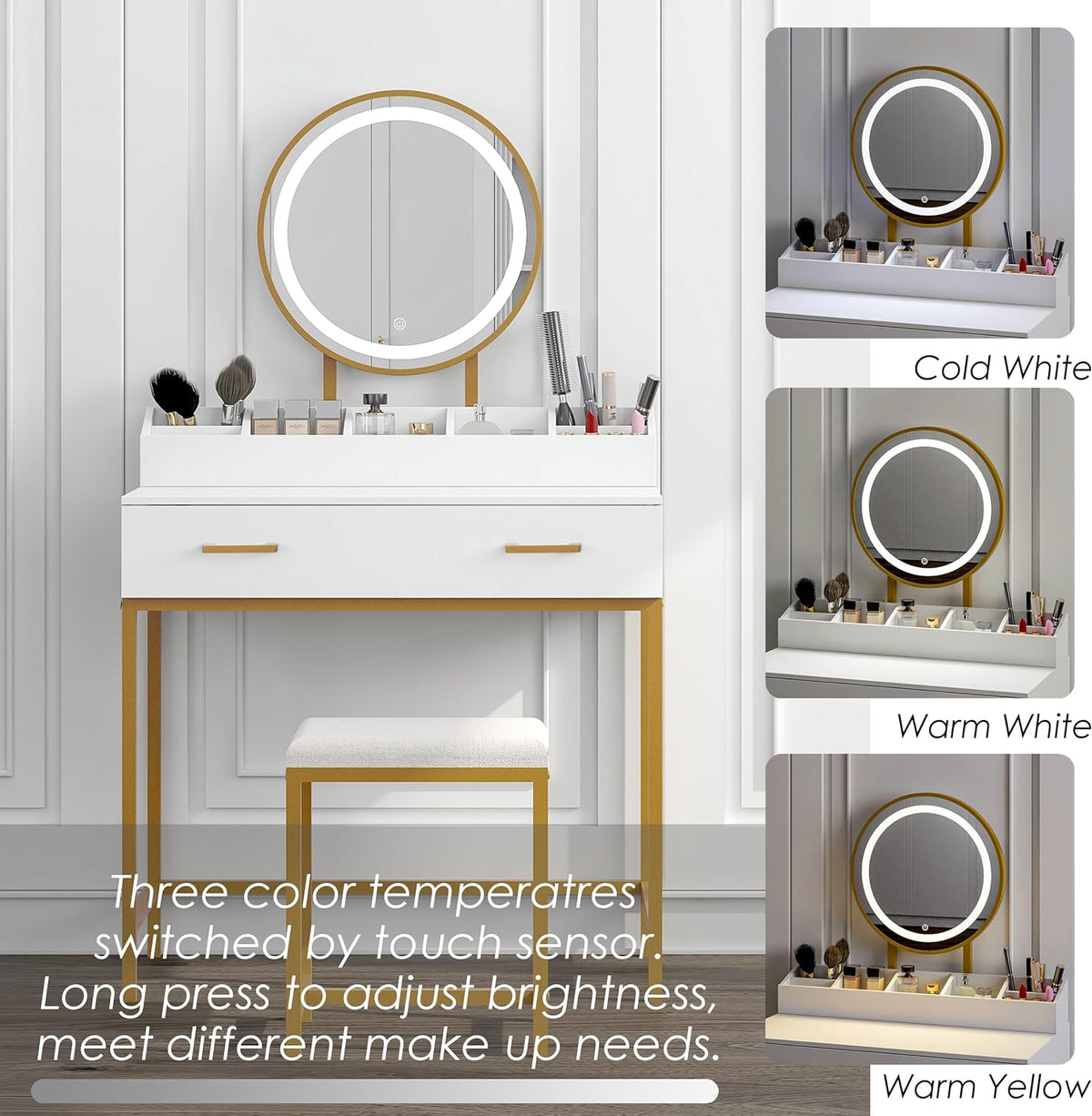 UTEX Makeup Vanity Desk Set with Mirror and Lights White and Gold