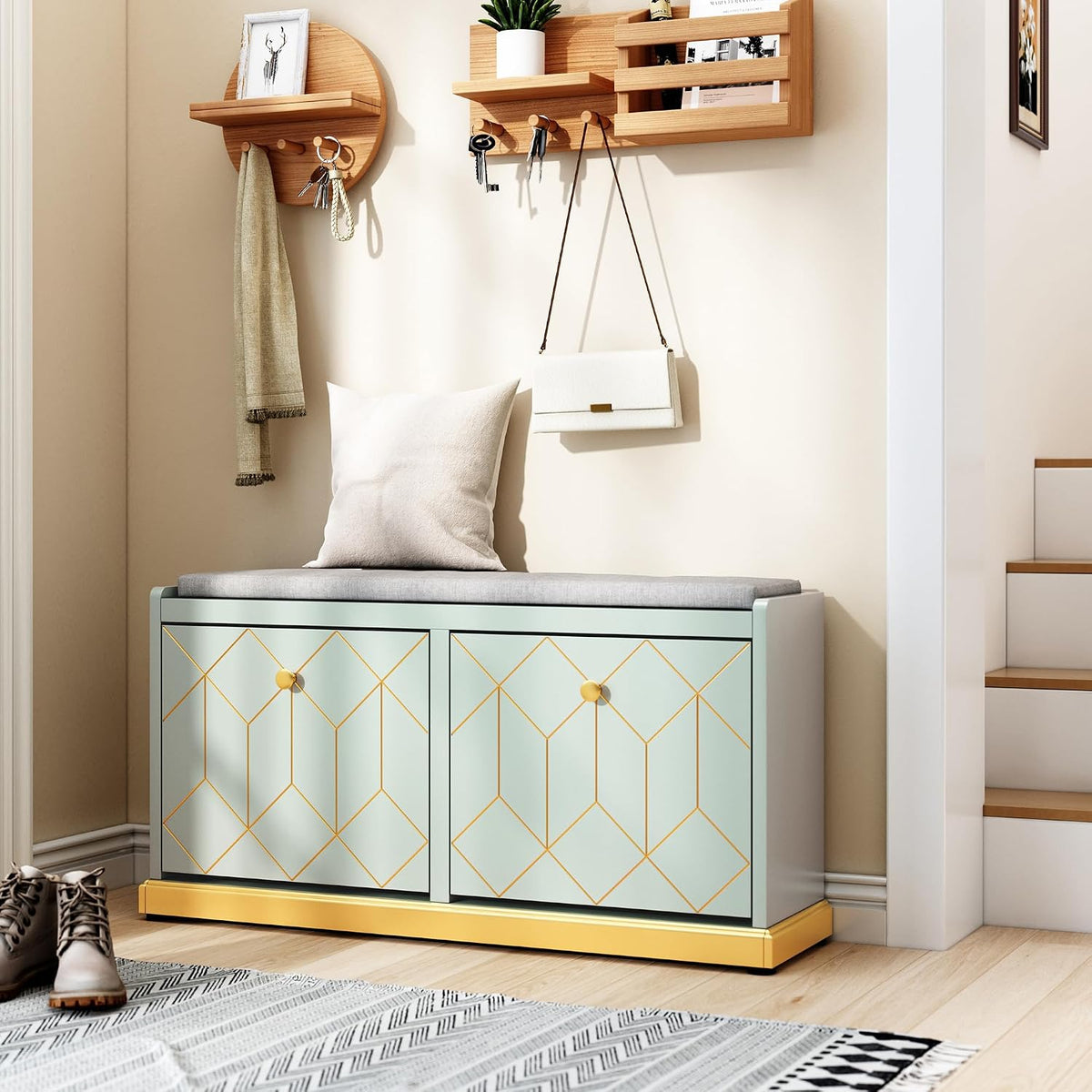 HLR Shoe Storage Bench with 2 Flip Drawer & Padded Cushion Seat