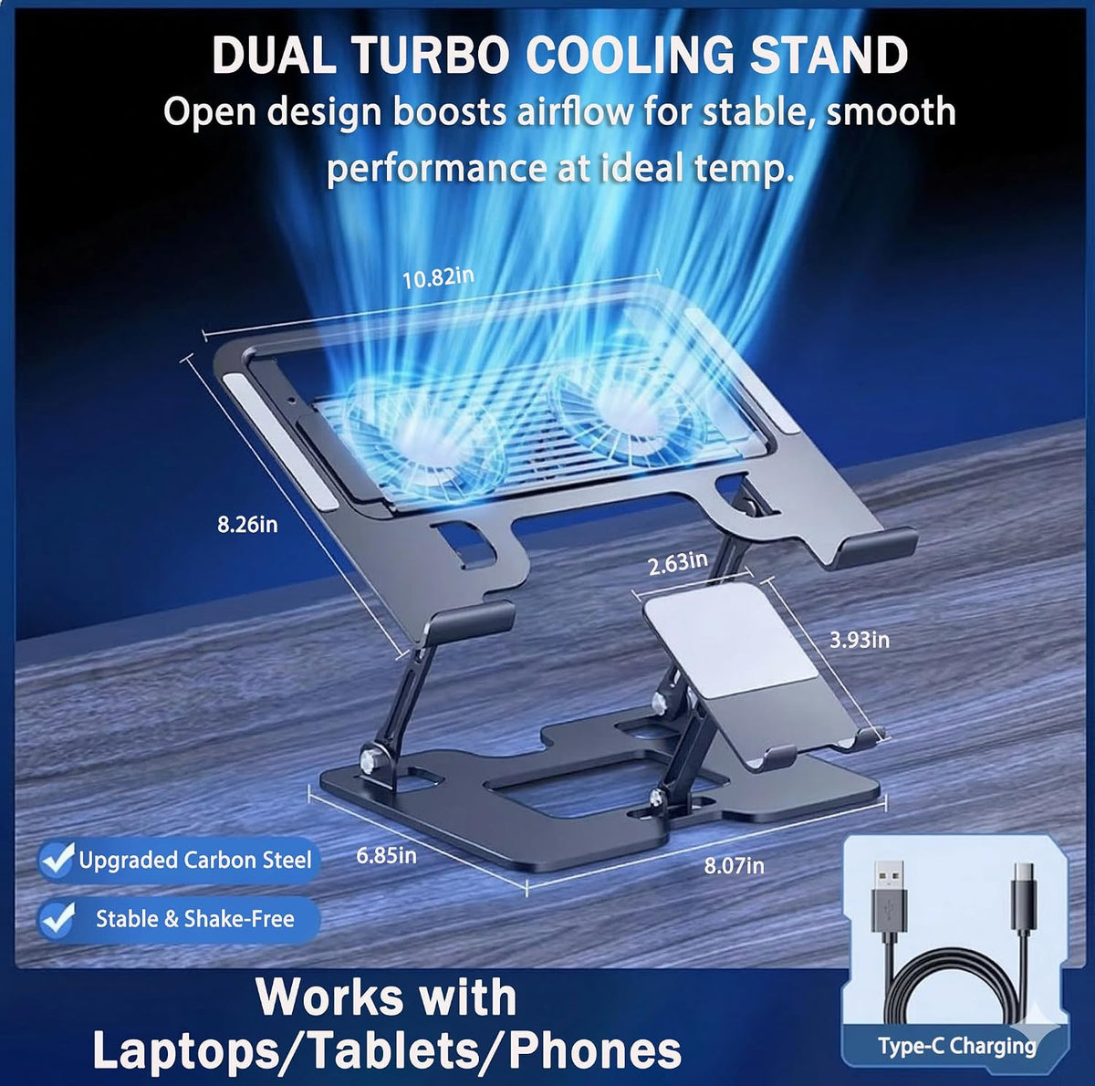Laptop & Phone 2-in-1 Cooling Stand with Silent Fan, Adjustable Height &a...