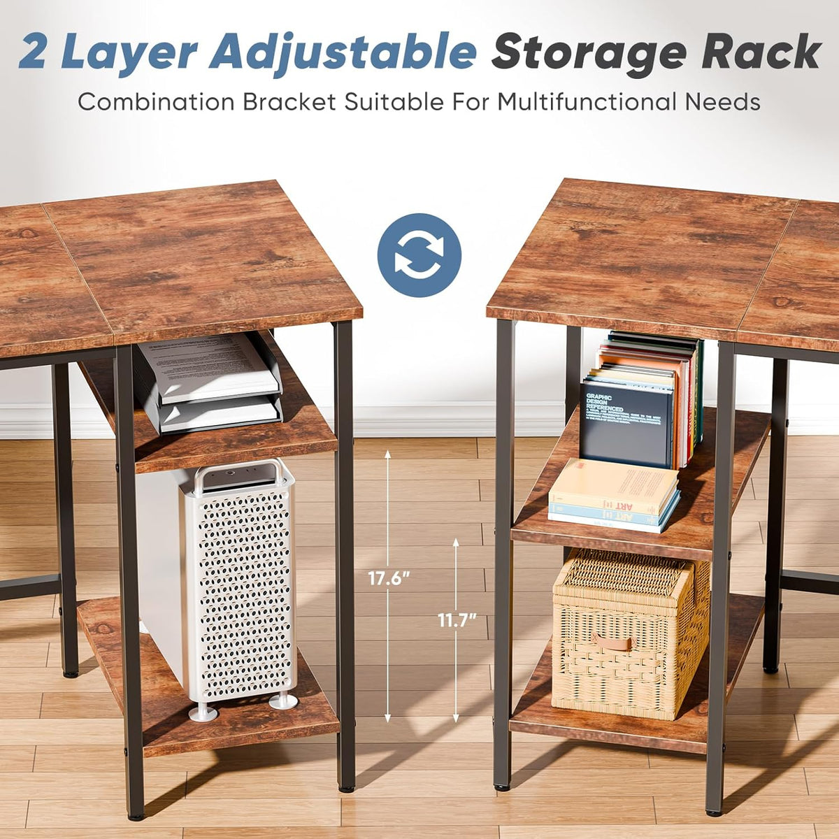 DUMOS 62” L Shaped Desk with Drawers and Power Outlet, Rustic Brown