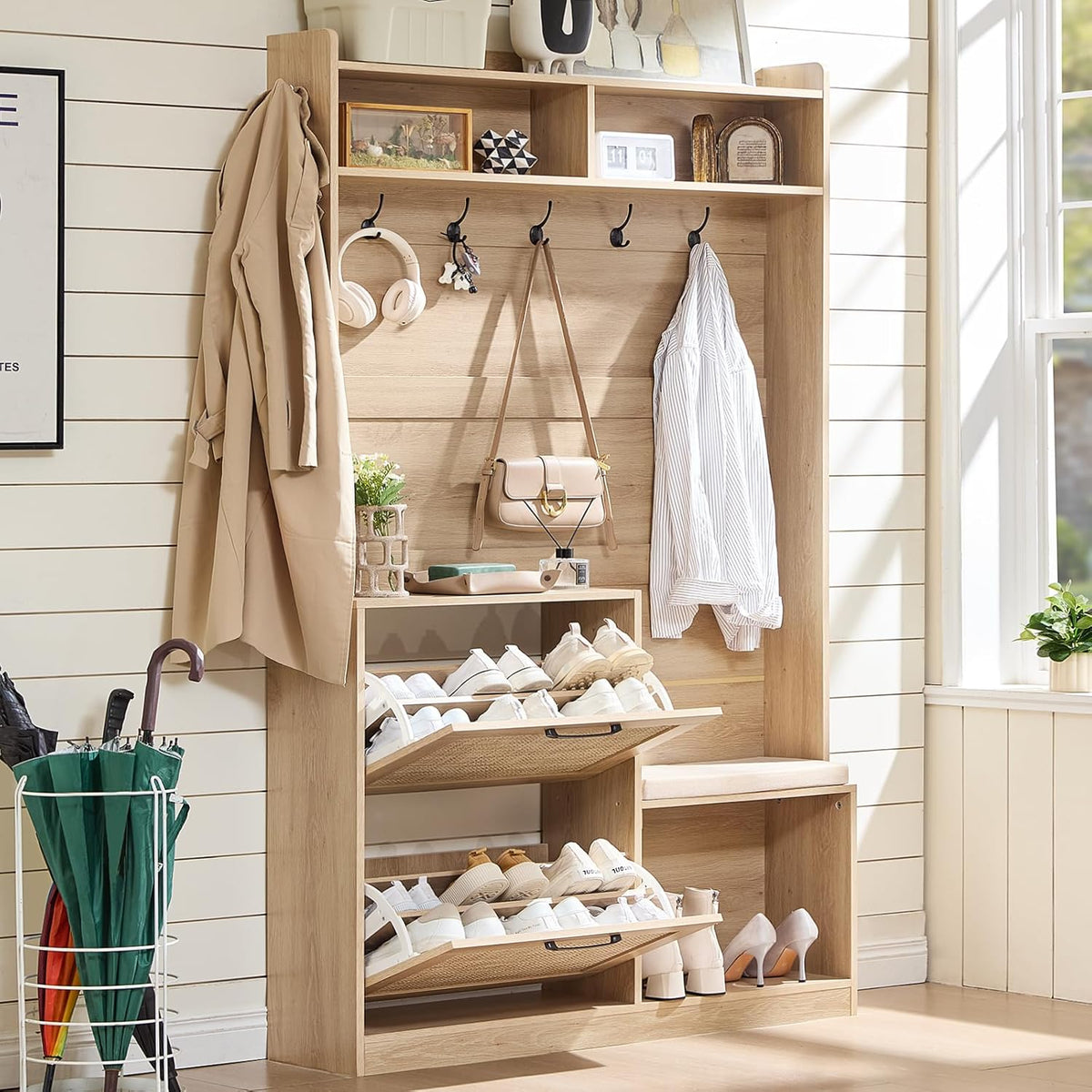 LEYAOYAO 78" Tall Boho Hall Tree with Bench & Shoe Storage, 4-in-1 M...