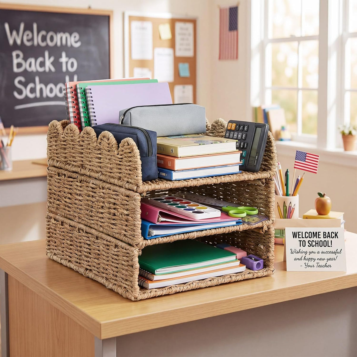 Pinkunn 3 Tier Scalloped Stackable Paper Tray Turn in Trays for Classroom