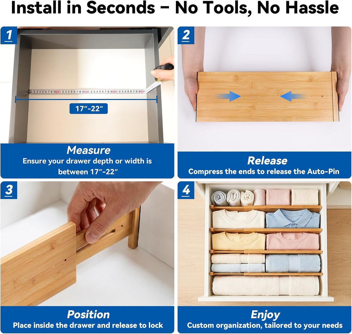4 Pack 6" Deep Bamboo Drawer Dividers, 17-22" Expandable Kitchen Or...