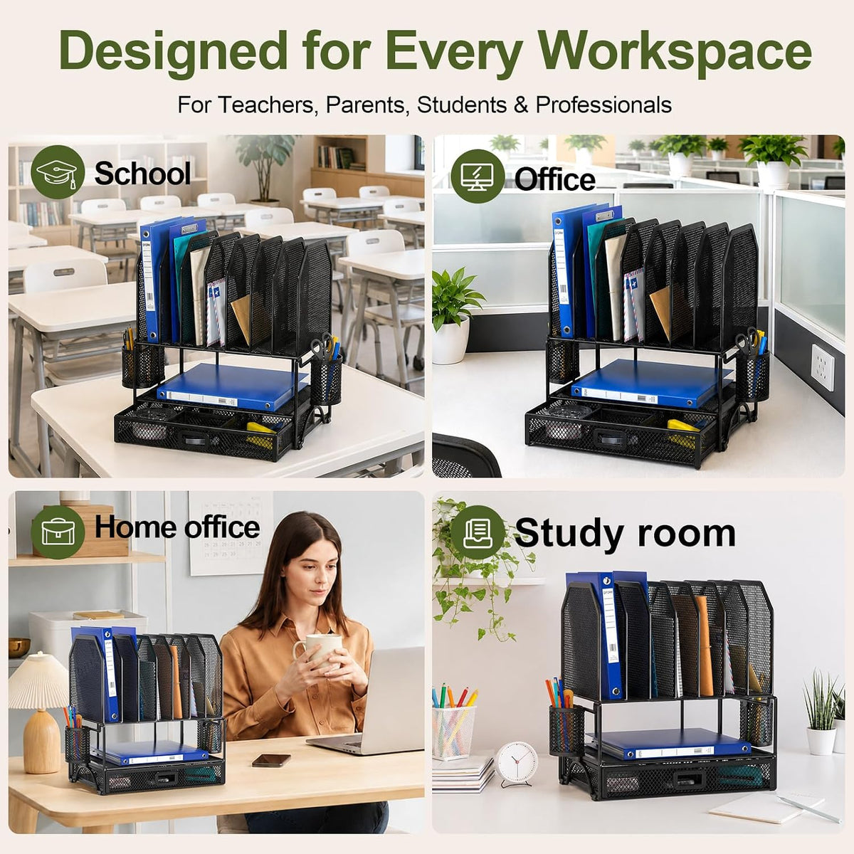 FANXIYQ Metal Desk Organizer with Sliding Drawer, 7-Section File Organizer fo...