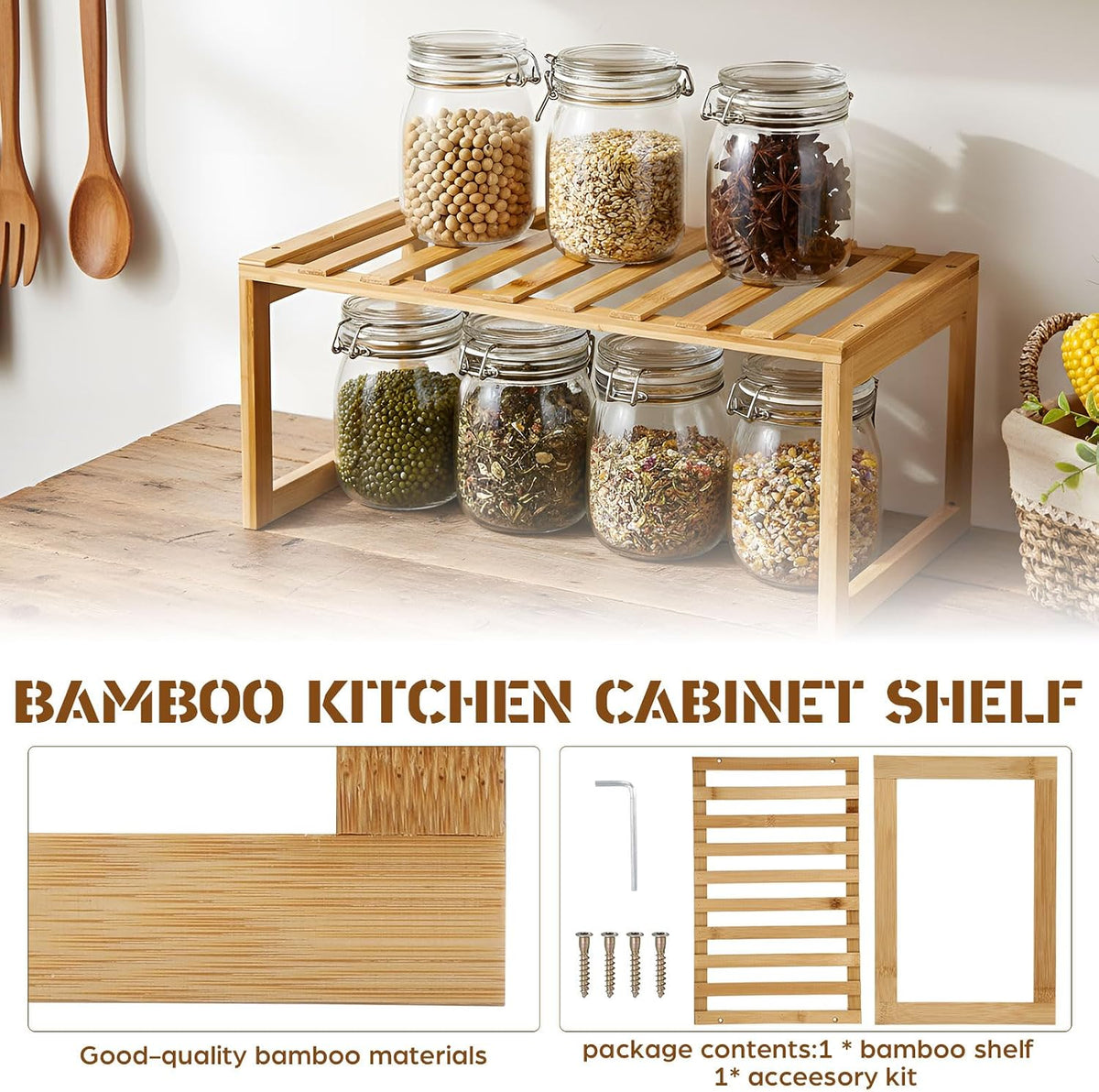 2 Pcs Kitchen Cabinet Organizer Bamboo Bookshelf Bamboo Kitchen Shelves, Cabi...