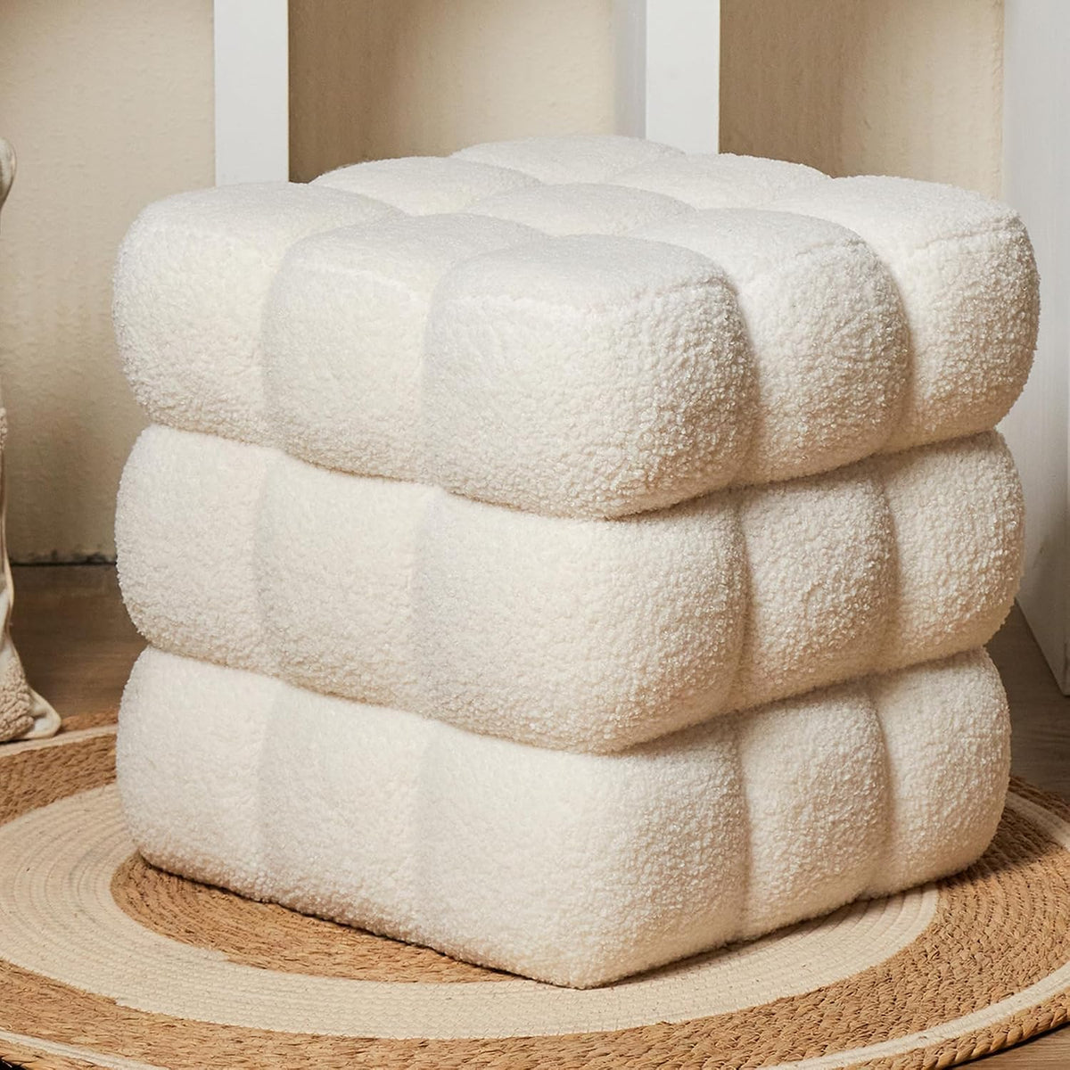 White Sherpa Square Ottoman - 17.3" Large Boucle Cube Pouf with Sturdy W...