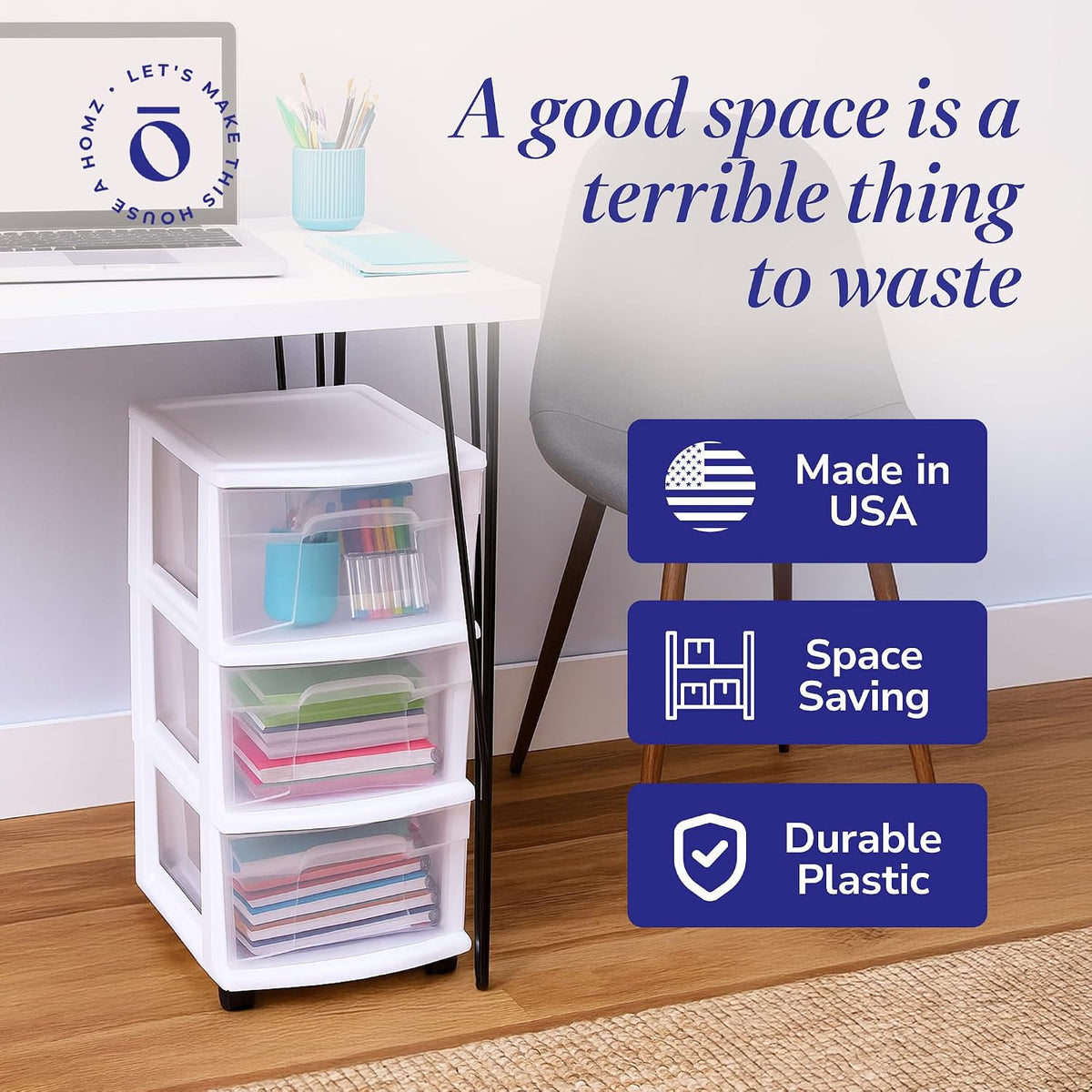 HOMZ Drawer Tower 3-Tier Storage Cart, Removable Wheels, White Frame,2 Pack