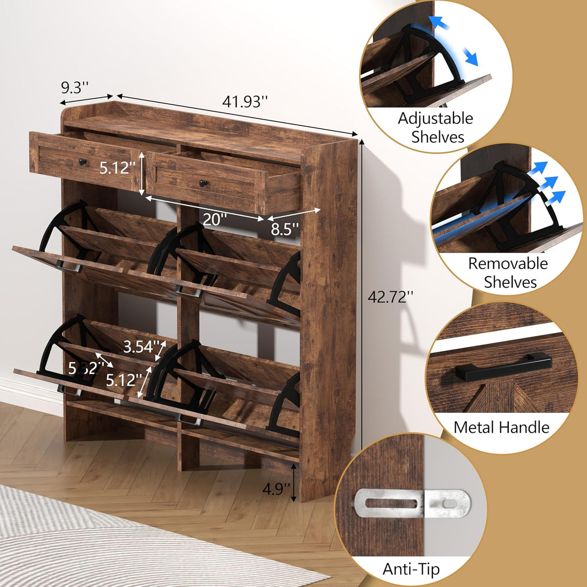 Thacuok Shoe Cabinet with 4 Flip Drawers & 2 Storage Drawers, Rustic Farm...