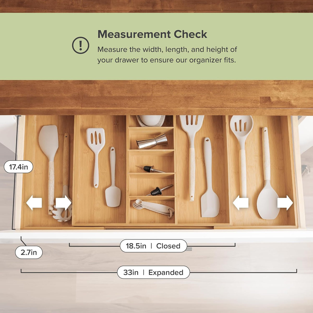 KitchenEdge Utensil & Junk Drawer Organizer, 19-33 in, Bamboo