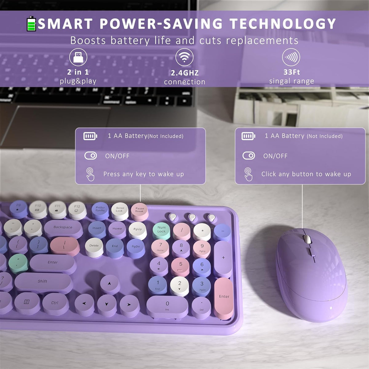 Links9+ Colorful Wireless Keyboard and Mouse Combo (Purple Colorful)