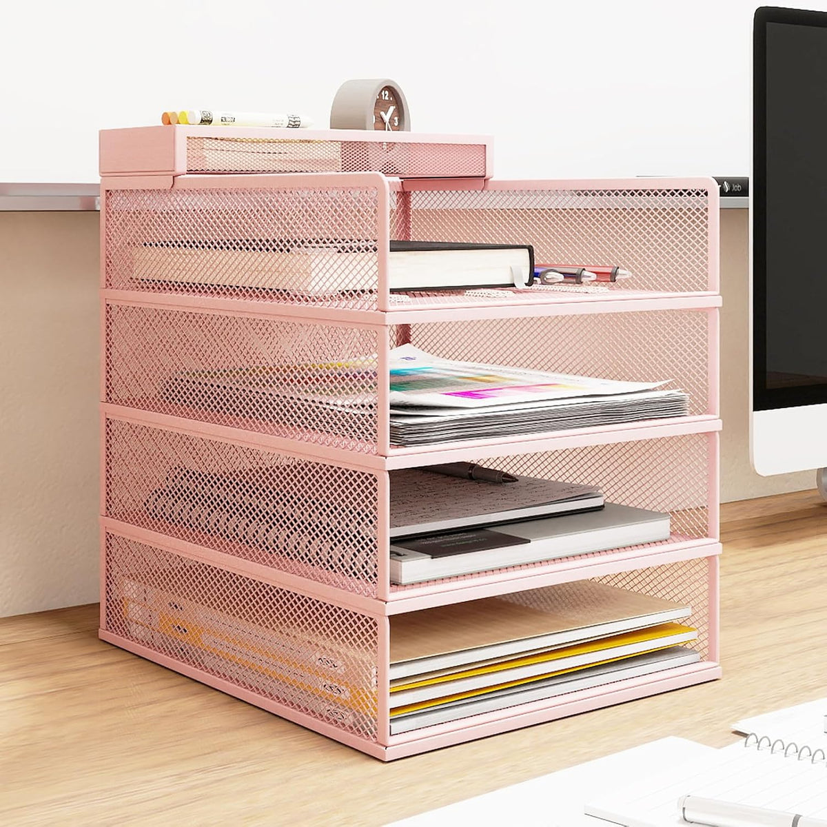 Natwind 4-Tier Stackable Metal Mesh Letter Paper Tray Organizer,Pink