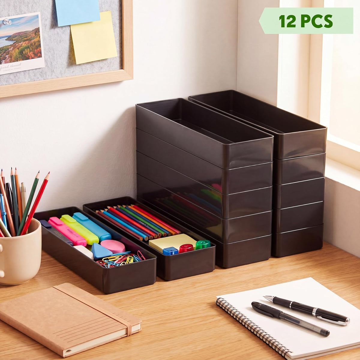 Teling 12 Pcs Black Plastic Desk Drawer Organizer Pen Tray Shallow