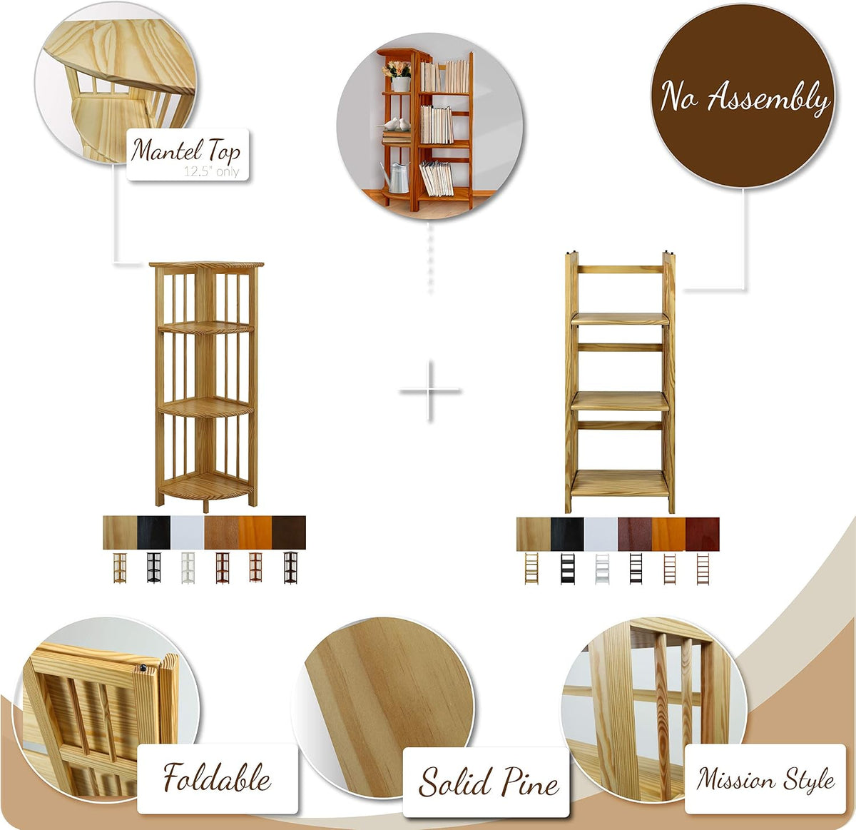 Casual Home Mission 4-Shelf Folding Solid Wood Corner Bookcase, Natural (New)