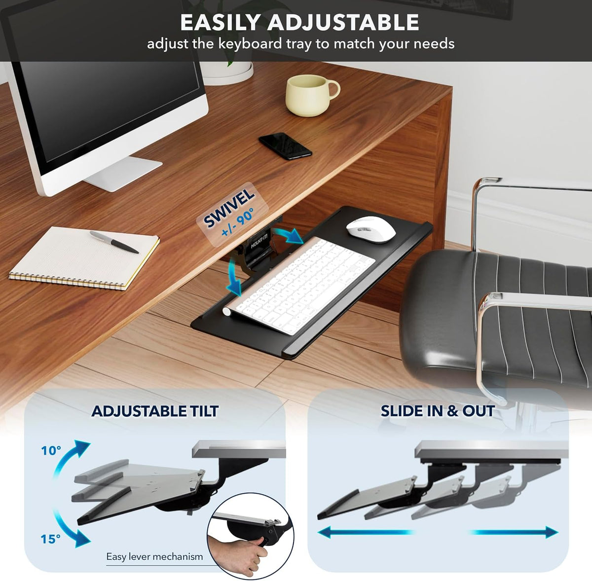 Mount-It! Under Desk Keyboard Tray with Wrist Rest, Tilt and 90 Swivel