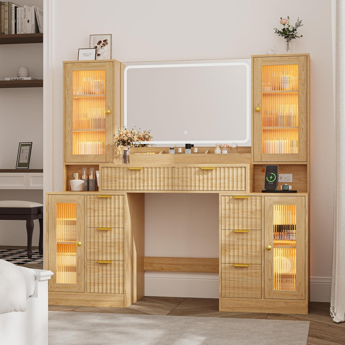 Fluted Makeup Vanity Desk with Mirror and Lights, 55" Glass Top Vanity w...