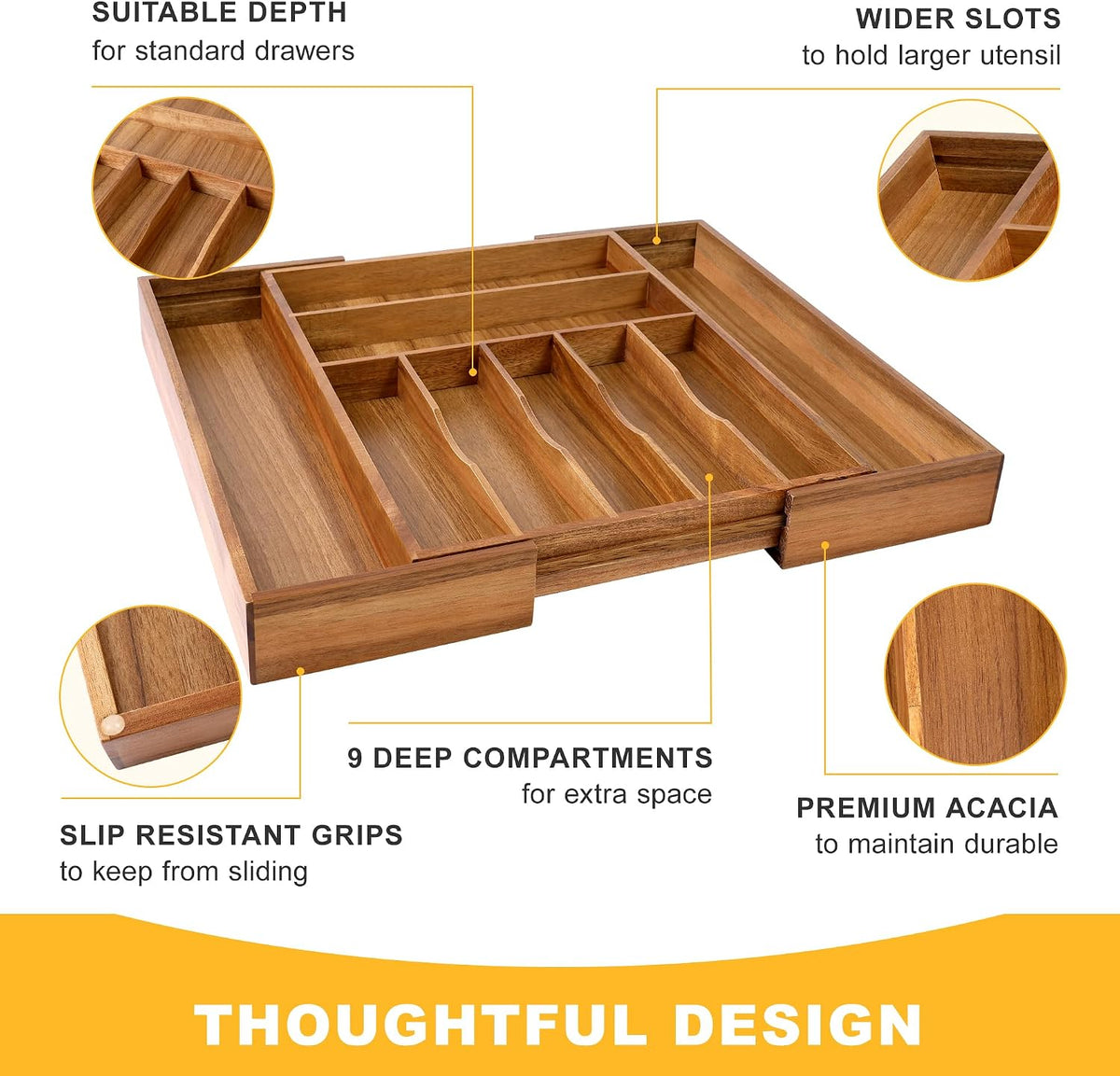 Large Premium Acacia Silverware Organizer - Expandable Drawer Organizer &...