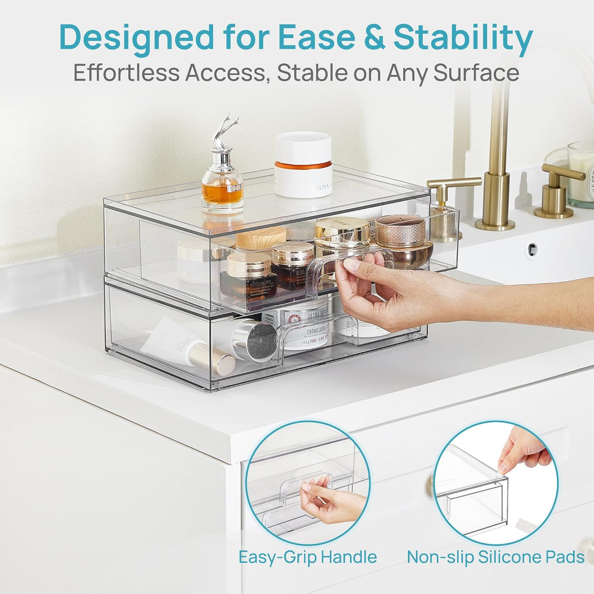 Vtopmart Clear Stackable Storage Drawers, 2 Pack Wide Plastic Organizers