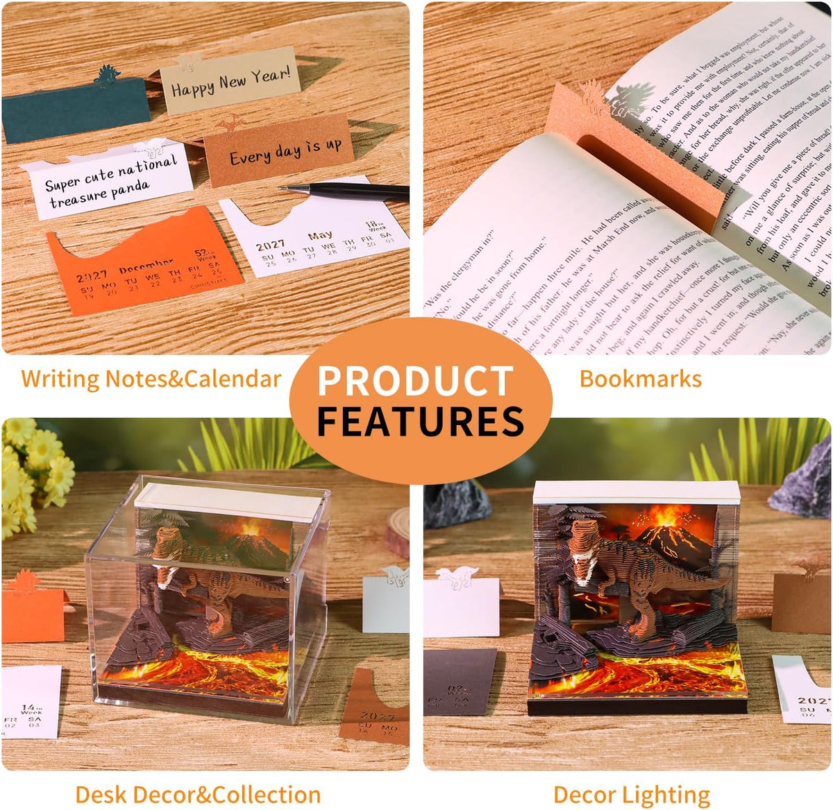 3D Dinosaur Calendar 2027 Time Piece Memo Pad with LED Light