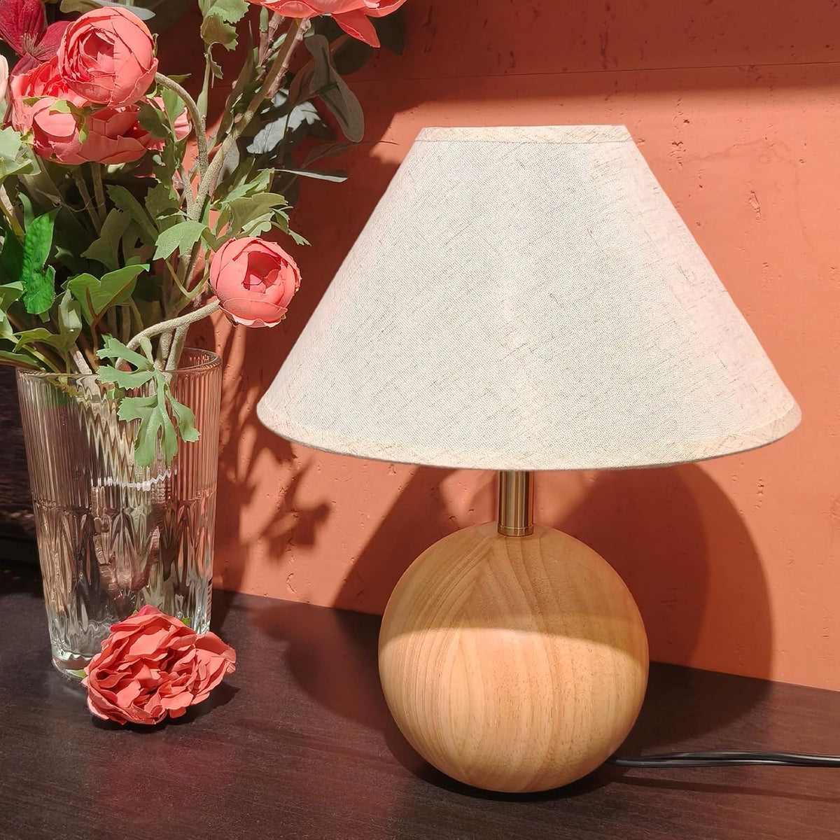 Wood Table Lamp for Bedroom, Flaxen Fabric Shade Small Desk Lamp for Living R...