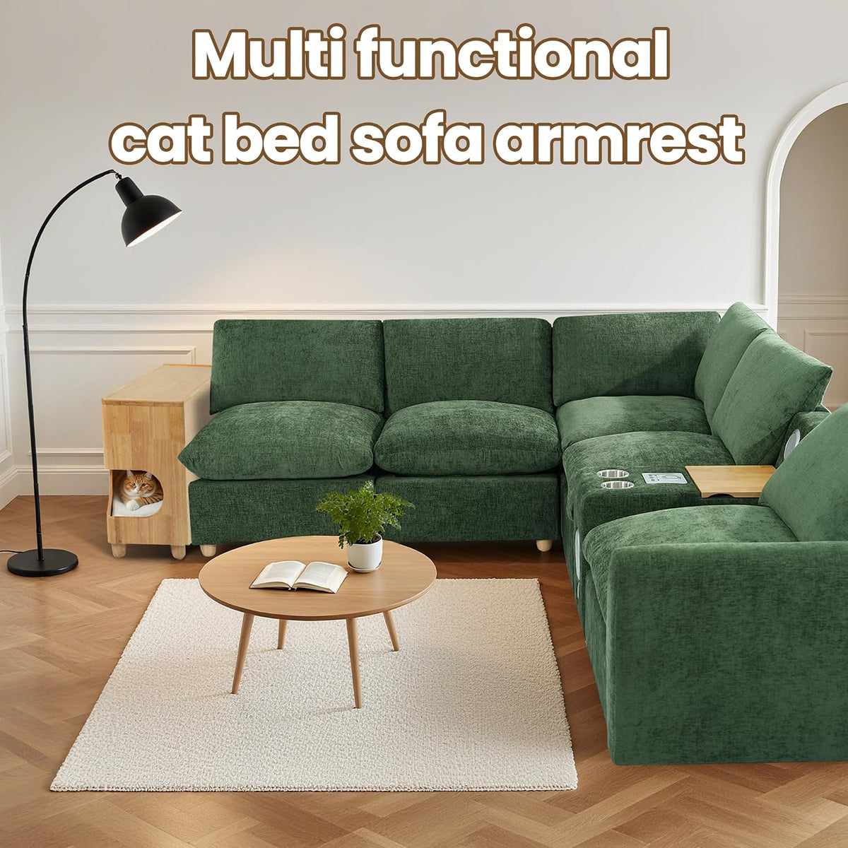 Brelice Sofa Armrest Side Table with Hidden Cat Bed and Storage, Chenille Cou...