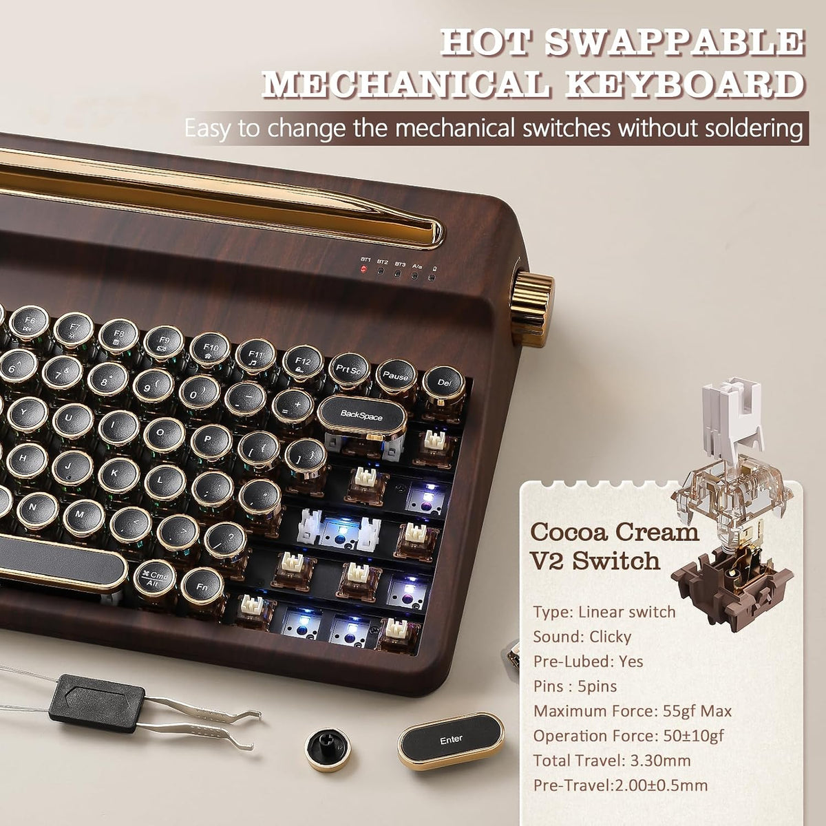 YUNZII QL75 Retro Typewriter Hot Swap RGB Keyboard(Wood, Cocoa V2)