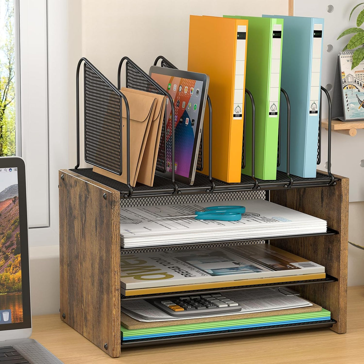 4-Tier Desk Organizer, Desk File Organizer with 5 Vertical File Holders, Offi...