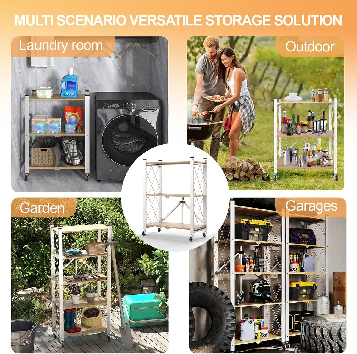 3 Tier Folding Shelf with Wheels, Metal Steel Collapsible Shelves
