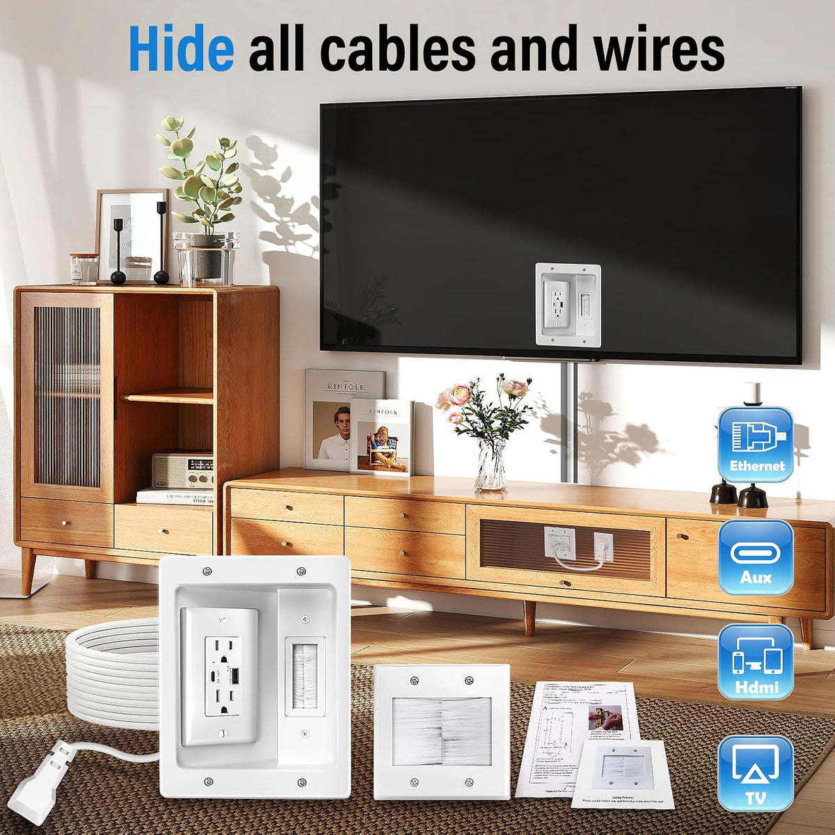 in-Wall Cable Management Kit, AC + USB-A + USB-C Outlet, 9 ft Cord
