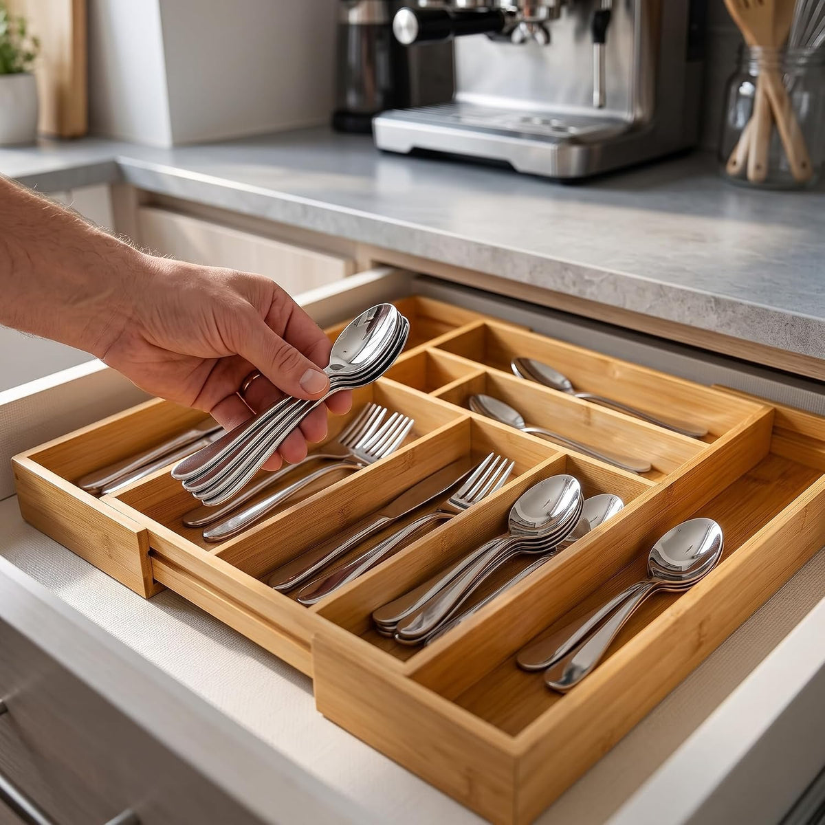 Bamboo Expandable Silverware Drawer Organizer, Utensil Tray